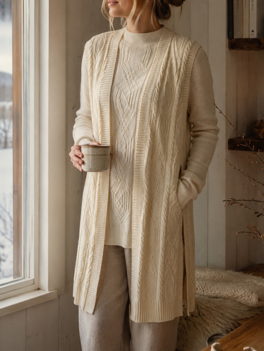 Scandia Woods 100% Cotton Cream Cable-Knit Longline Open Cardigan Boho Nordic